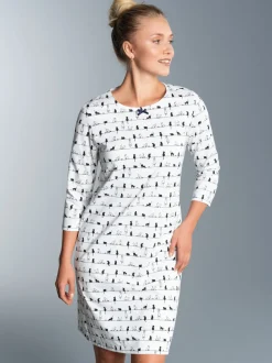 3/4 Arm Nachthemd mit Katzenmotiv Weiss