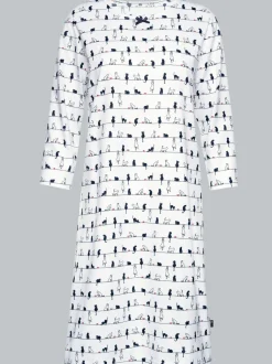 3/4 Arm Nachthemd mit Katzenmotiv Weiss