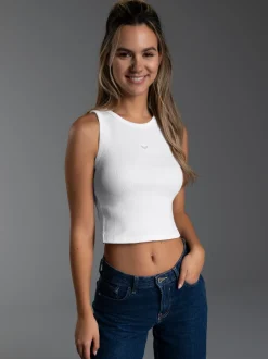 Cropped Top aus elastischem Doppelripp Weiss