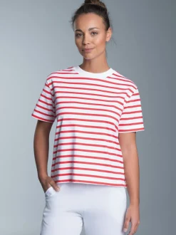 Cropped T-Shirt mit Ringelmuster Koralle