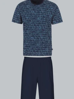 Kurzer Schlafanzug mit Smiley-Motiv Navy