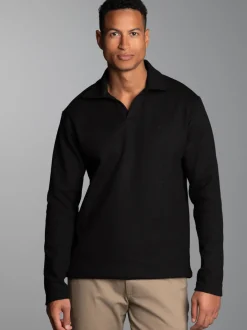 Langarm Poloshirt ohne Knopfleiste in Waffeloptik Schwarz