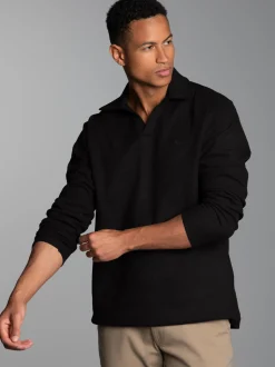 Langarm Poloshirt ohne Knopfleiste in Waffeloptik Schwarz