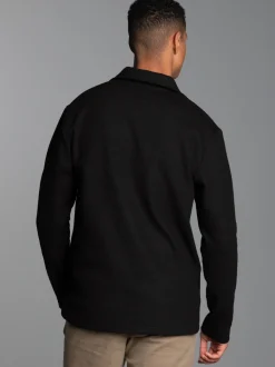 Langarm Poloshirt ohne Knopfleiste in Waffeloptik Schwarz