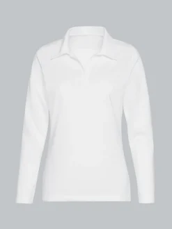 Langarm Poloshirt ohne Knopfleiste Weiss