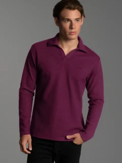 Langarm Poloshirt ohne Knopfleiste in Waffeloptik Sangria