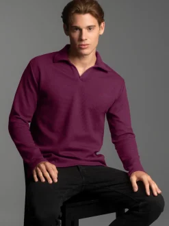 Langarm Poloshirt ohne Knopfleiste in Waffeloptik Sangria