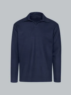 Langarm Poloshirt ohne Knopfleiste in Waffeloptik Navy