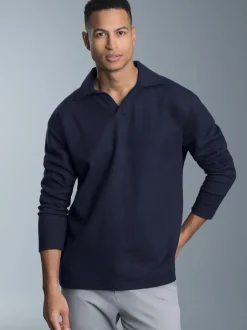 Langarm Poloshirt ohne Knopfleiste in Waffeloptik Navy