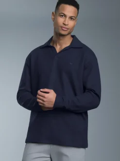 Langarm Poloshirt ohne Knopfleiste in Waffeloptik Navy