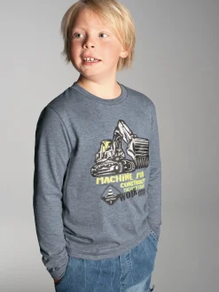 Langarmshirt mit großem Bagger-Print Steingrau-melange