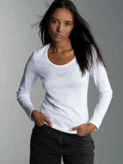 Langarmshirt mit Kristallsteinen Weiss