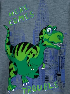 Langarmshirt mit Trouble Dino-Printmotiv Steingrau-melange