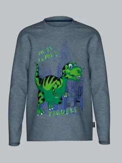 Langarmshirt mit Trouble Dino-Printmotiv Steingrau-melange