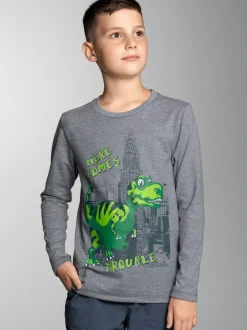 Langarmshirt mit Trouble Dino-Printmotiv Steingrau-melange