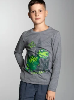 Langarmshirt mit Trouble Dino-Printmotiv Steingrau-melange