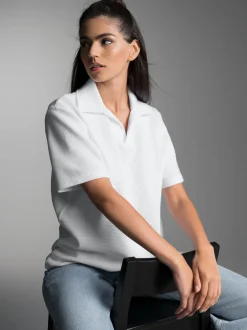 Oversized Poloshirt ohne Knopfleiste in Waffeloptik Weiss