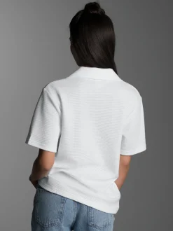 Oversized Poloshirt ohne Knopfleiste in Waffeloptik Weiss