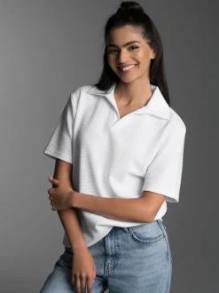 Oversized Poloshirt ohne Knopfleiste in Waffeloptik Weiss