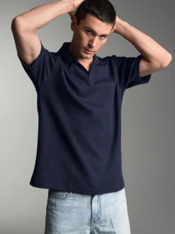 Oversized Poloshirt ohne Knopfleiste in Waffeloptik Navy