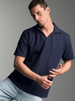 Oversized Poloshirt ohne Knopfleiste in Waffeloptik Navy