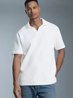 Oversized Poloshirt ohne Knopfleiste in Waffeloptik Weiss