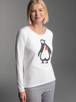 Pyjama-Oberteil mit herzigem Pinguin-Print Weiss