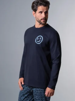 Schlafanzug Oberteil Langarm mit Smiley-Print Navy