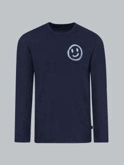 Schlafanzug Oberteil Langarm mit Smiley-Print Navy