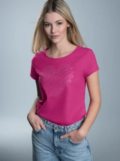 Slim Fit T-Shirt mit glitzerndem Herz-Printmotiv Hibiskus