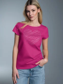 Slim Fit T-Shirt mit glitzerndem Herz-Printmotiv Hibiskus