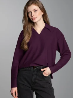 Sweatshirt mit Kragen und V-Ausschnitt Aubergine