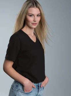 T Shirt aus Biobaumwolle mit V-Ausschnitt Schwarz