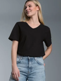 T Shirt aus Biobaumwolle mit V-Ausschnitt Schwarz
