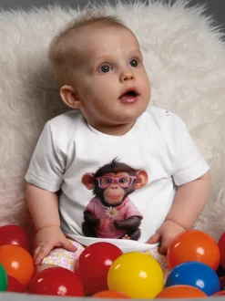 T Shirt mit süßem "Baby Affe Mädchen" Print Weiss
