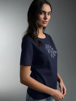 T Shirt mit Strass Motiv "Schnecke" Navy