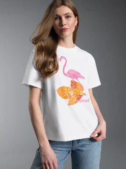T Shirt mit "Tropical" Print Weiss