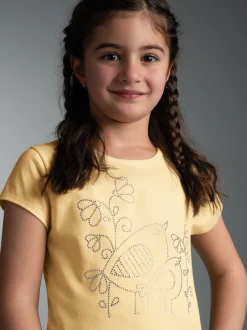 T Shirt mit Vogel Motiv aus Strass-Steinen Vanille