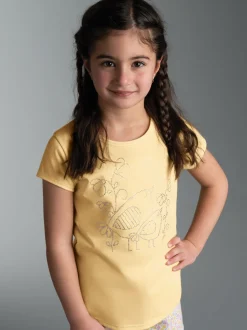 T Shirt mit Vogel Motiv aus Strass-Steinen Vanille