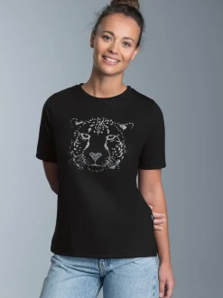 T-Shirt mit glitzerndem Leopardenprint Schwarz