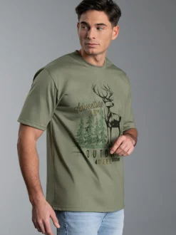 T-Shirt mit großem Hirsch-Printmotiv Salbei