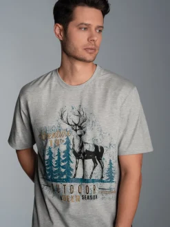 T-Shirt mit großem Hirsch-Printmotiv Grau-melange