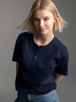 T-Shirt mit Knopfleiste DELUXE Baumwolle Navy