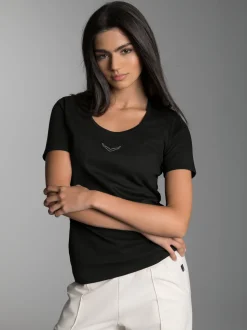 T-Shirt mit Kristallsteinen Schwarz