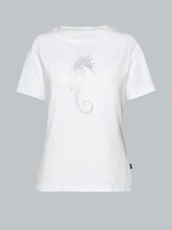 T-Shirt mit Seepferdchen-Print aus Strasssteinchen Weiss