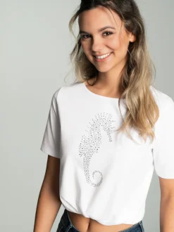 T-Shirt mit Seepferdchen-Print aus Strasssteinchen Weiss