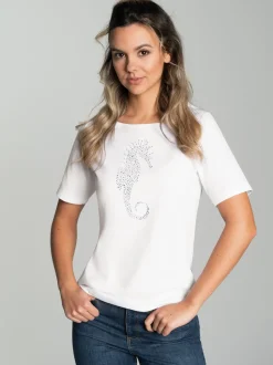 T-Shirt mit Seepferdchen-Print aus Strasssteinchen Weiss