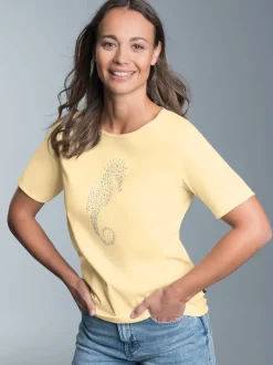 T-Shirt mit Seepferdchen-Print aus Strasssteinchen Vanille