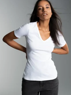 V-Shirt aus Baumwolle/Elastan Weiss
